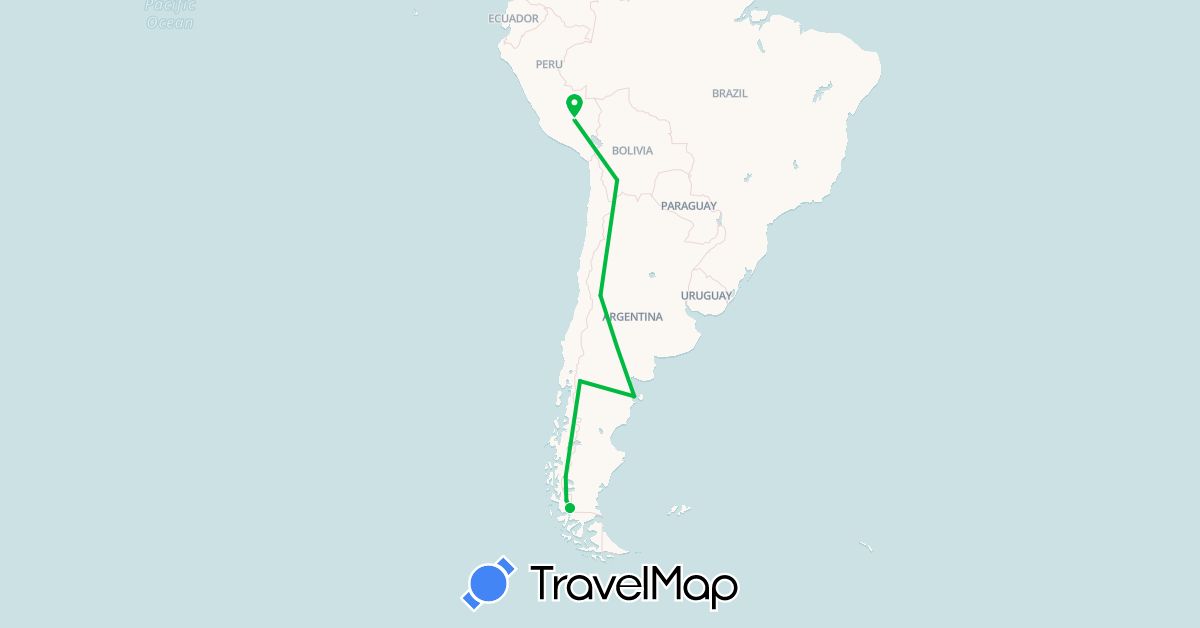 TravelMap itinerary: bus, plane in Argentina, Bolivia, Chile, Peru (South America)